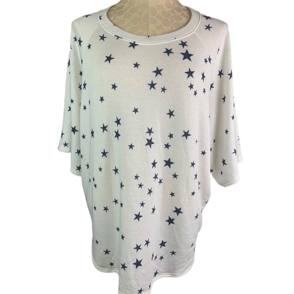 Medium Crepas Women's Oversize Pullover Shirt White Blue‎ Stars Short Sleeve